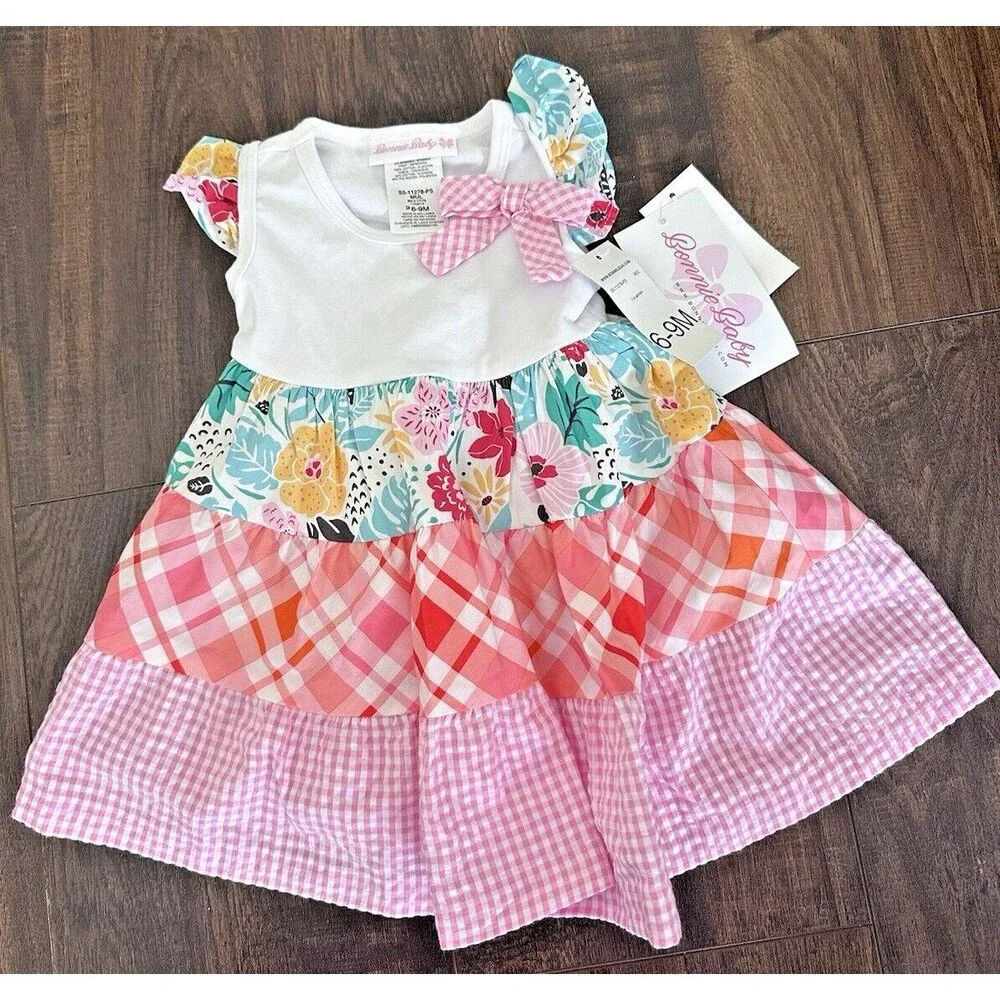 Bonnie Jean Girls Dress Flutter Sleeve Knit Mixed Tiered Poplin Multi 6-9 Months